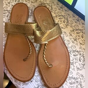 Salvatore Ferragamo All Leather Gold Sandals with Metallic Sheen Size 7